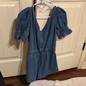 Blue Denim Puff Sleeve Romper